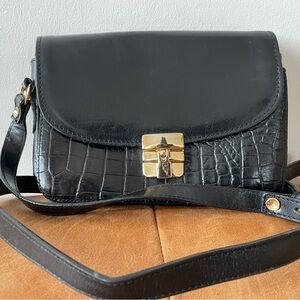 Benchmade Black Croc-Textured Genuine Leather Crossbody Bag with Gold Lock